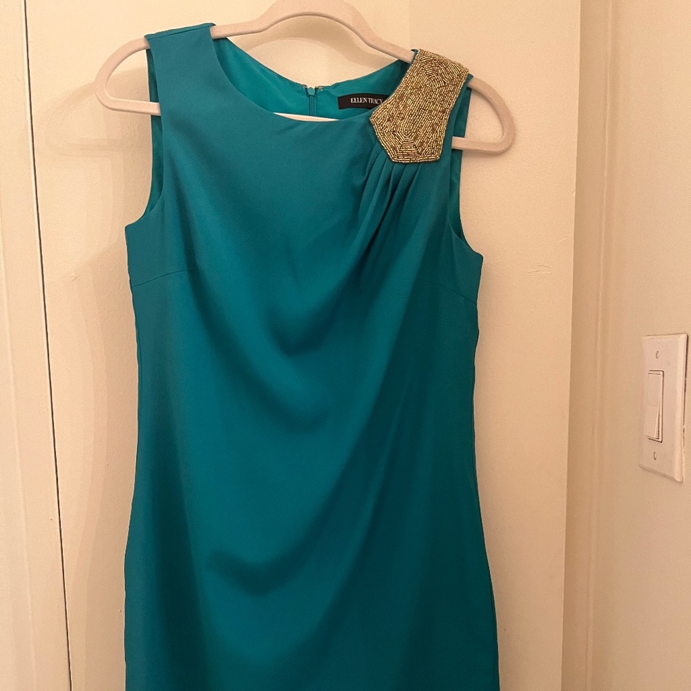 Teal Ellen Tracy cocktail dress with gold embellishment